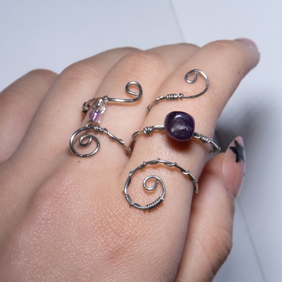 Silver Wire-Wrapped Rings with Amethyst and Beads: Adjustable Rings - Picture 1 of 3